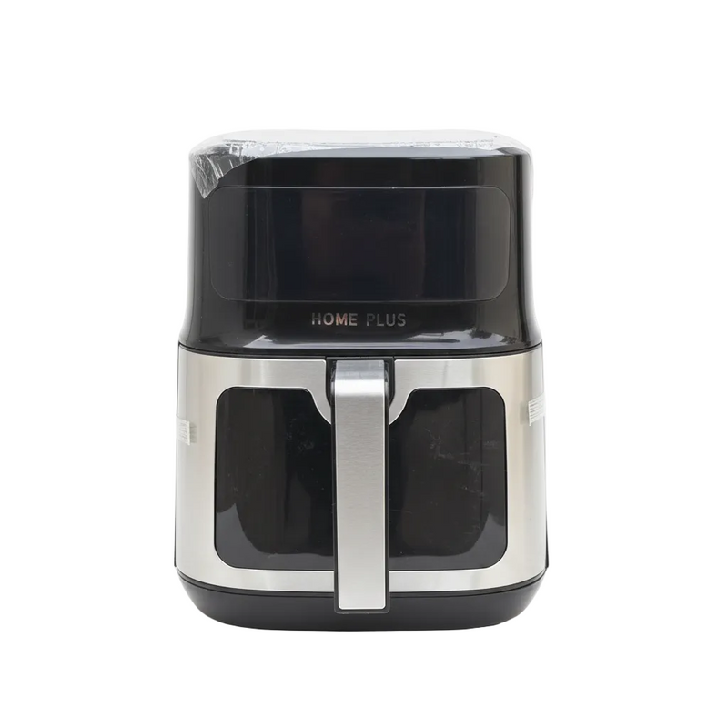 Black and silver air fryer on a white background with 'Home Plus' branding.