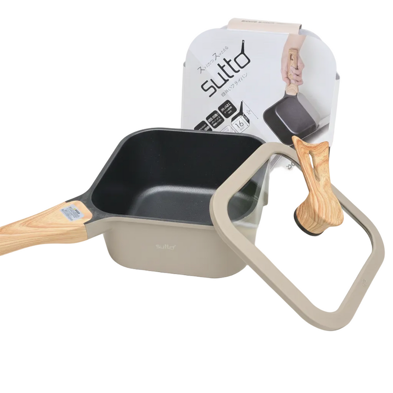 Small square pan with wooden handle and glass lid, featuring the brand 'Sutto'.