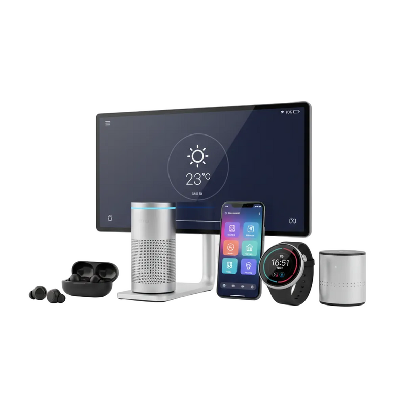 Collection of smart home devices including a tablet, smart speaker, phone, and smartwatch on a white background.