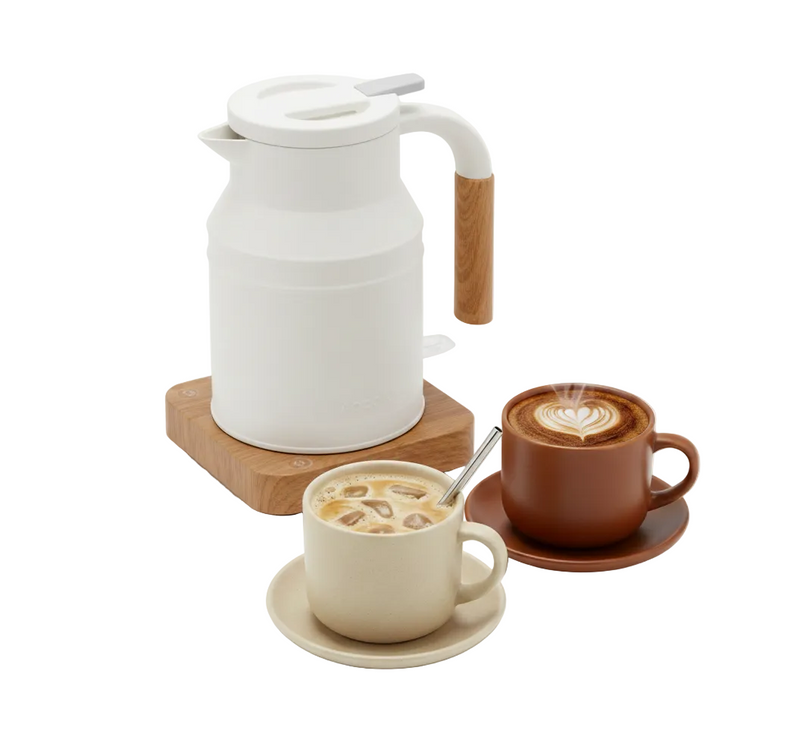 White ceramic kettle with wooden handle, beige mug, and brown cup with saucer on a white background.