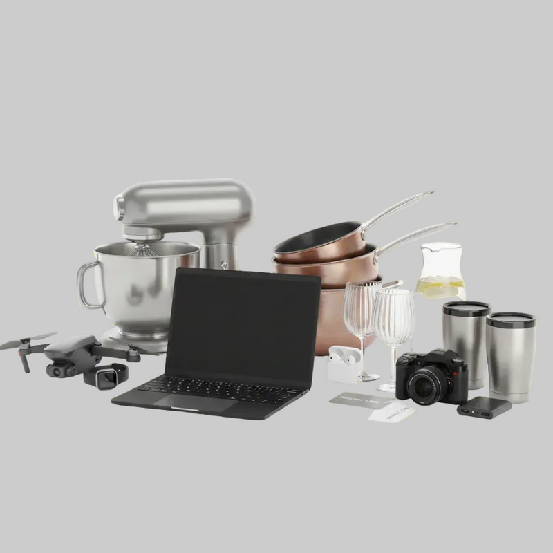 Collection of kitchen and technology items including a laptop, camera, and cookware on a white background