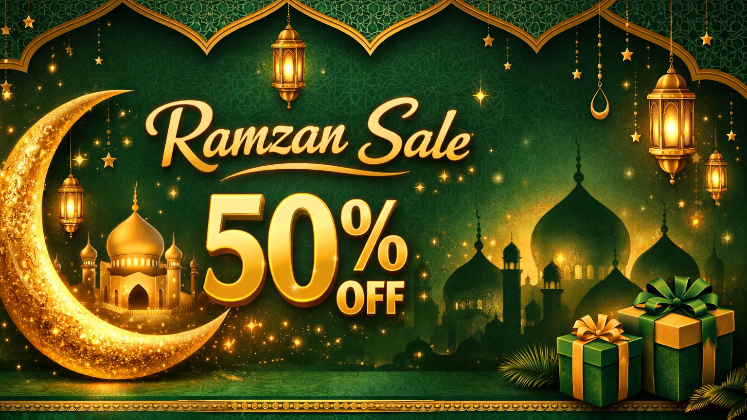 Promotional graphic for Ramzan Sale with a crescent moon, mosque, and gift boxes on a green background.