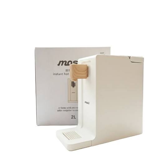 Beige instant hot water dispenser with wooden handle and matching box on a white background